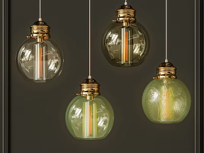 Modern Vintage Spherical Glass Pendant Lights With Gold Accents And Clear Light Green Shades 3d model