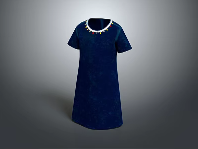Navy Blue Short Sleeve Dress With Decorative Beaded Collar Design 3d model