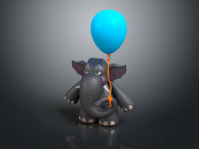 Cute Grey Elephant Toy With Blue Balloon Tied To Trunk On Grey Background 3d model