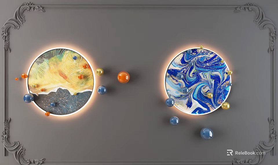 Round Illuminated Wall Decor With Van Gogh Starry Sky Blue White Marble And Colorful Spheres 3d model 