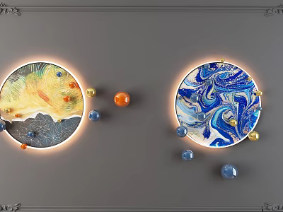 Round Illuminated Wall Decor With Van Gogh Starry Sky Blue White Marble And Colorful Spheres 3d model