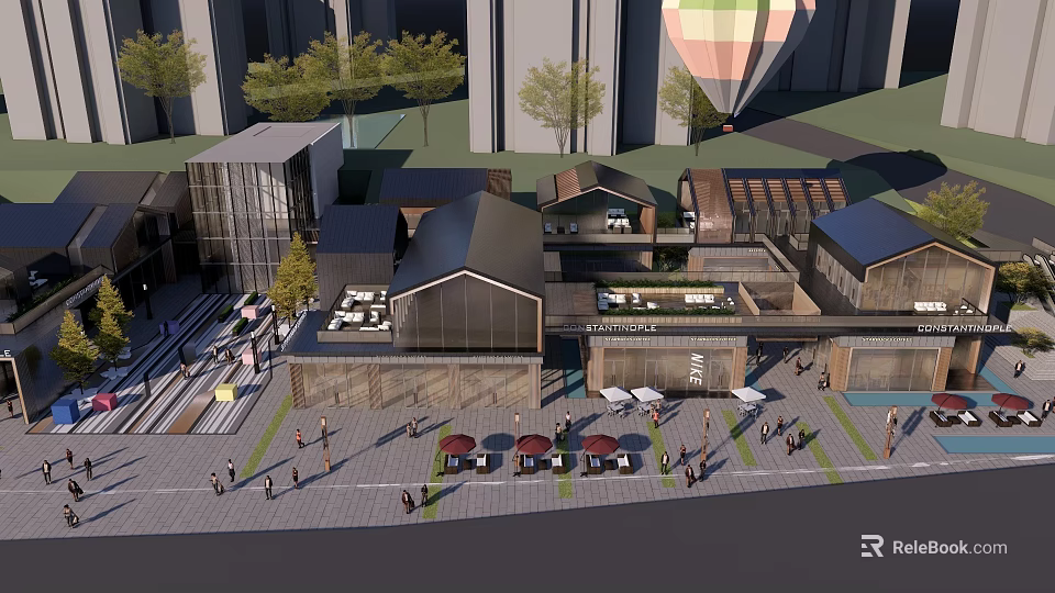 Modern Commercial Street With Outdoor Cafe Seating Pedestrians Greenery And Hot Air Balloon 3d model 