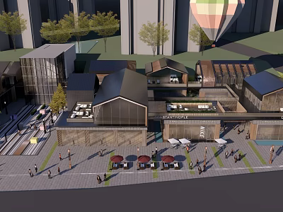 Modern Commercial Street With Outdoor Cafe Seating Pedestrians Greenery And Hot Air Balloon 3d model