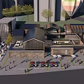 Modern Commercial Street With Outdoor Cafe Seating Pedestrians Greenery And Hot Air Balloon