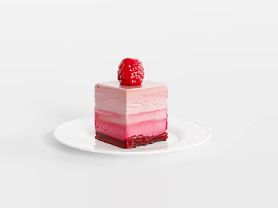 Beautiful Layered Pink Gradient Cake Topped With Fresh Raspberry On White Plate 3d model