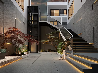Modern Garden Landscape With Glass Staircase Elevator Red Maple Pine Trees And Warm Lighting 3d model