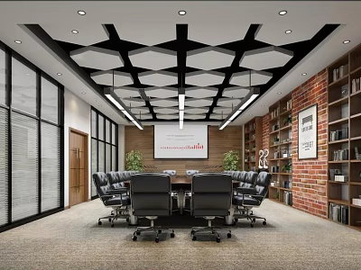 Modern Conference Room Interior With Geometric Ceiling Glass Walls Brick Wall Bookshelves And Black Chairs 3d model