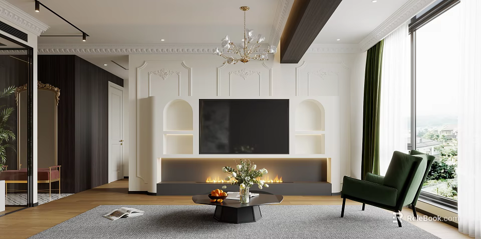 Elegant Living Room Interior With Large TV Fireplace Chandelier And Green Chair Coffee Table 3d model 