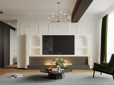 Elegant Living Room Interior With Large TV Fireplace Chandelier And Green Chair Coffee Table 3d model