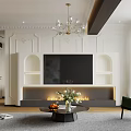 Elegant Living Room Interior With Large TV Fireplace Chandelier And Green Chair Coffee Table