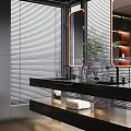 Modern Bathroom Interior Design With Glass Shower Black Floating Vanity Open Shelving And Blinds