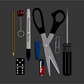 Collection of Various Stationery Tools Including Scissors Dominoes Pencil Dice Marker Lighter Paperclip and Screwdriver