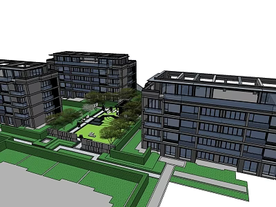 Modern Multi storey Residential Buildings With Glass Facades And Landscaped Courtyard Garden Area 3d model