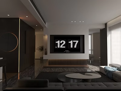 Modern Dark Tone Living Room Interior With Built In Large TV And Luxury Cozy Furniture 3d model