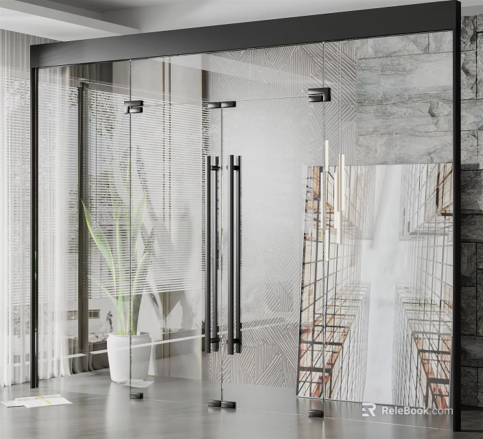 Modern Minimalist Interior Featuring Glass Door And Simple Decor Elements 3d model