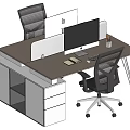 Modern Office Desk Setup with Dual Monitors Notebook Pencil Holder Ergonomic Chairs and Storage Cabinets