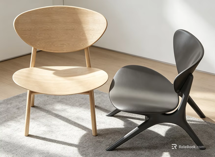 Light Wooden and Black Leather Single Chairs in Modern Interior with Gray Rug 3d model 
