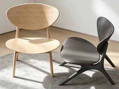 Light Wooden and Black Leather Single Chairs in Modern Interior with Gray Rug 3d model