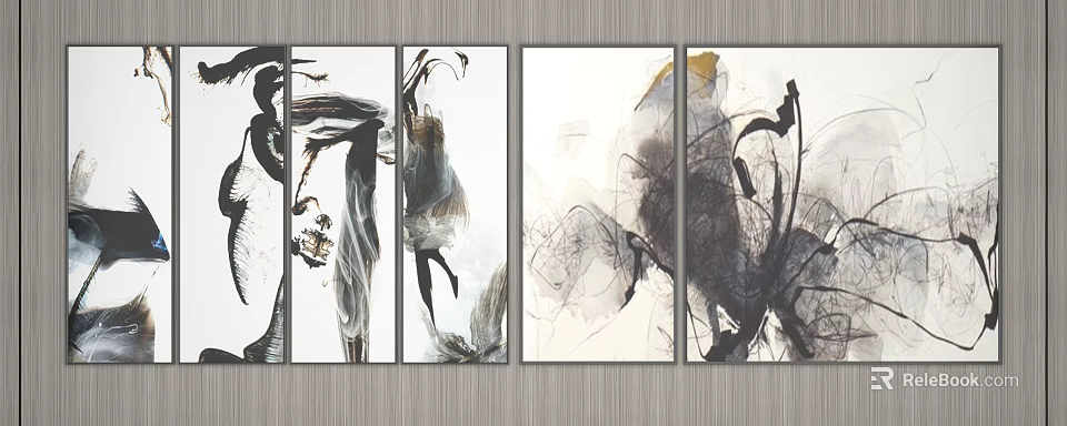 Abstract Paintings Five Panel Wall Art With Black White Gray Fluid Brushstrokes Decor 3d model