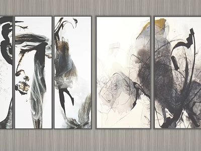 Abstract Paintings Five Panel Wall Art With Black White Gray Fluid Brushstrokes Decor 3d model