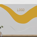 White Background Wall with Yellow Wavy LED Strip LOGO Potted Plants and Wooden Floor