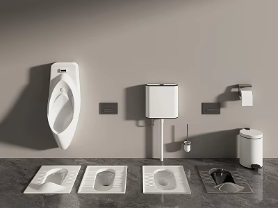 Modern Bathroom Fixtures With Urinal Toilet Paper Dispenser Squat Pans And Waste Bin 3d model