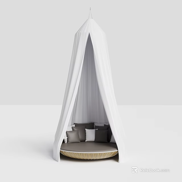 Modern Hanging Chair with White Canopy Gray and White Cushions and Round Rattan Base 3d model 