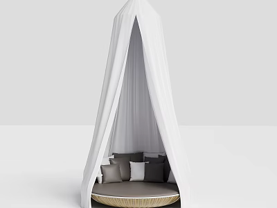 Modern Hanging Chair with White Canopy Gray and White Cushions and Round Rattan Base 3d model