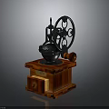 Vintage Manual Coffee Grinder Appliance With Wooden Base And Metal Grinding Components