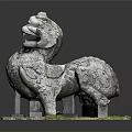 Ancient Stone Lion Statue With Detailed Carving And Moss On Base