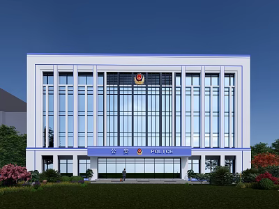 Modern Police Station Building Exterior With Glass Windows Lawn And Trees 3d model