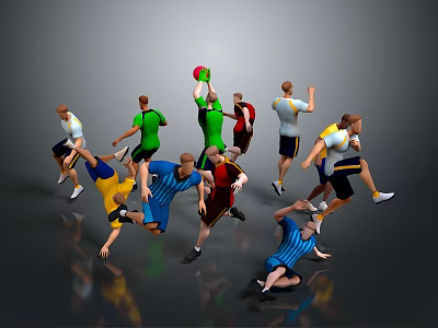 People In Colored Sportswear Playing Sports Jumping Running Reaching On Gray Background With Reflective Floor 3d model