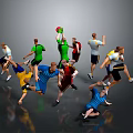 People In Colored Sportswear Playing Sports Jumping Running Reaching On Gray Background With Reflective Floor