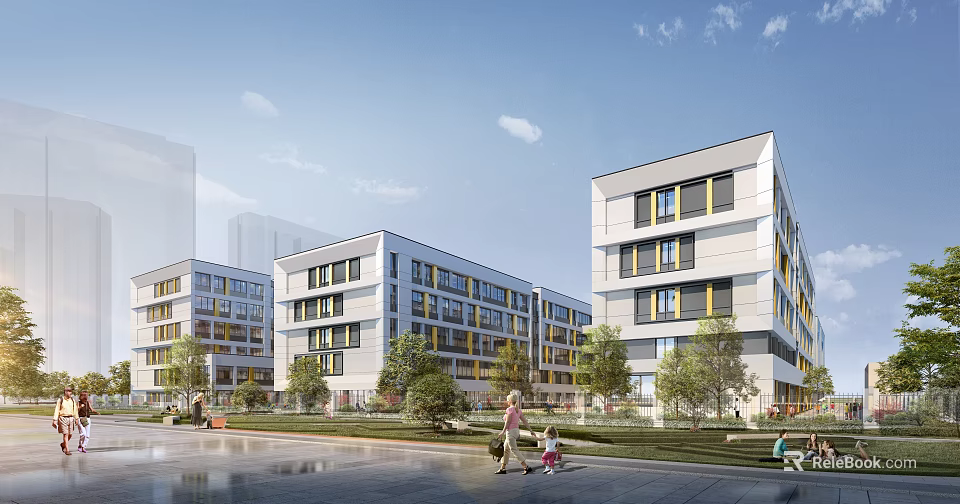 Modern Multi Story School Building Exterior With White Yellow Facade Green Lawn And Trees 3d model 