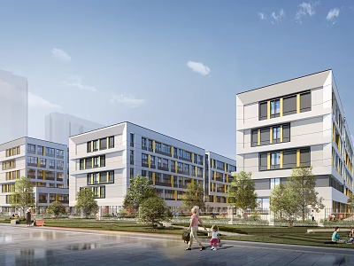 Modern Multi Story School Building Exterior With White Yellow Facade Green Lawn And Trees 3d model