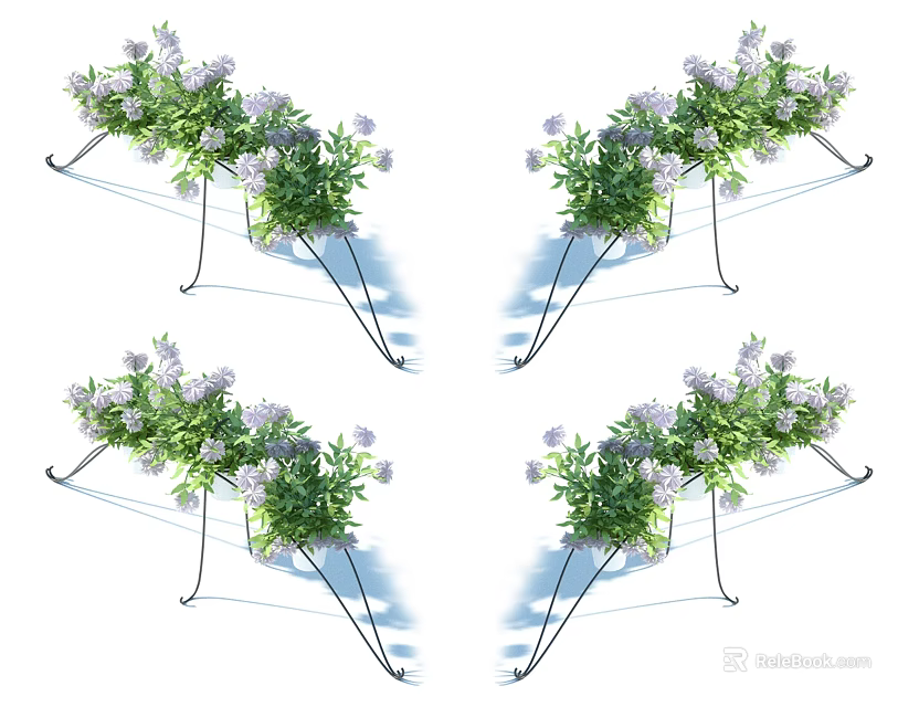 Charming Garden Decor Piece With Metal Stand Green Plants And Purple Flowers 3d model 