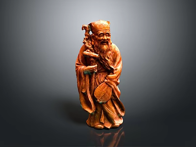 Detailed Traditional Wooden Man Figure Carving with Staff and Fan in Classic Design 3d model