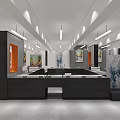 Modern Exhibition Hall Interior With Black Reception Desk Orange Accent Wall Artworks And Linear Pendant Lights