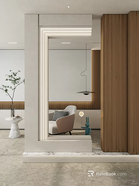 Elegant Modern Entryway Hallway with Mirror Green Plant Beige Chair Marble Table Wooden Pendant Light 3d model 