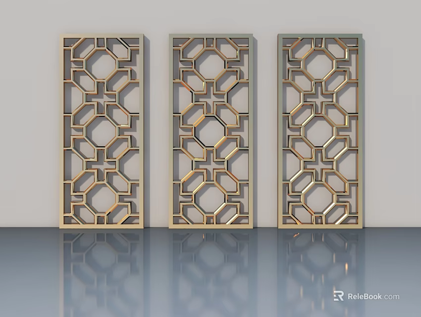 Elegant Gold and Black Swing Doors with Geometric Cutout Patterns on Reflective Floor 3d model 