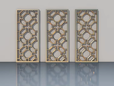 Elegant Gold and Black Swing Doors with Geometric Cutout Patterns on Reflective Floor 3d model