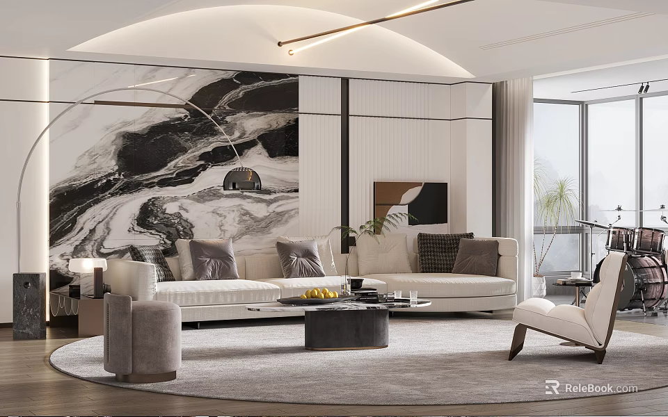 Modern Living Room Interior With Beige Sofa Marble Accent Wall And Round Rug 3d model 
