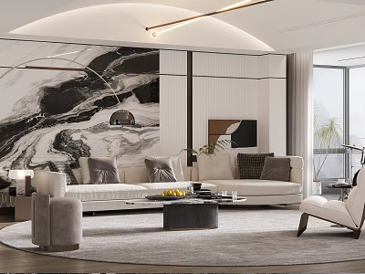 Modern Living Room Interior With Beige Sofa Marble Accent Wall And Round Rug 3d model