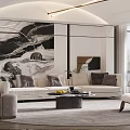 Modern Living Room Interior With Beige Sofa Marble Accent Wall And Round Rug