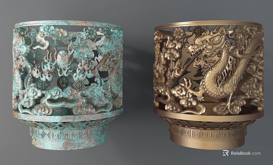 Garden Landscape With Intricate Bronze Ornaments Featuring Dragon Carvings And Green Gold Tones 3d model 