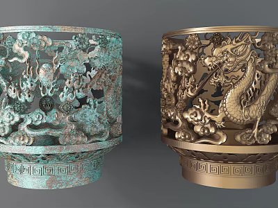 Garden Landscape With Intricate Bronze Ornaments Featuring Dragon Carvings And Green Gold Tones 3d model