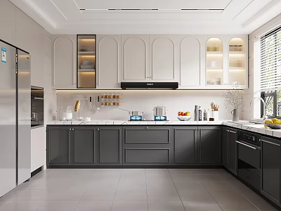Modern Kitchen Interior With Gray And White Cabinets Stainless Steel Refrigerator And Window 3d model
