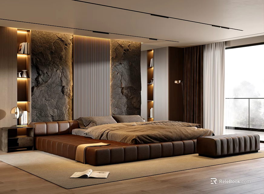 Modern Bedroom Interior With Leather Bed Stone Accent Wall Recessed Lighting And Floor To Ceiling Windows 3d model 