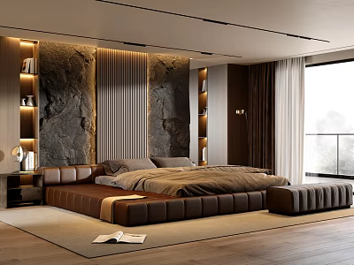 Modern Bedroom Interior With Leather Bed Stone Accent Wall Recessed Lighting And Floor To Ceiling Windows 3d model