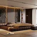 Modern Bedroom Interior With Leather Bed Stone Accent Wall Recessed Lighting And Floor To Ceiling Windows